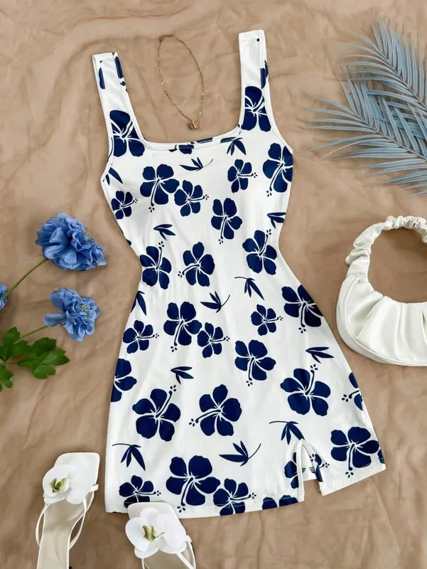 Summer Ladies Backless U-Neck Cherry Print Mini Dress Women's Sleeveless Gown Fashionable Casual Style