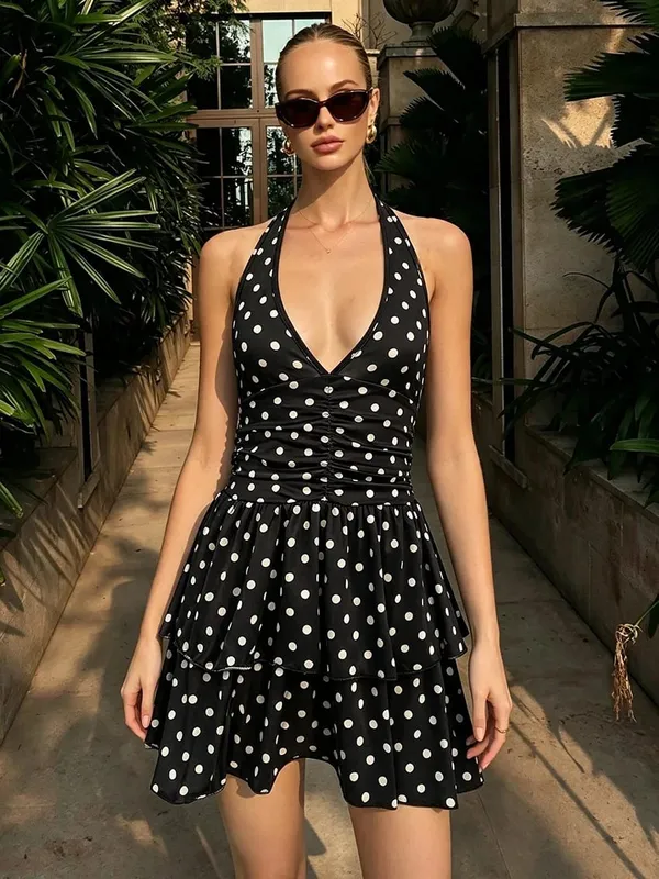Vintage Polka Dot Halter Dress for Women Deep V‑Neck Backless Ruched Waist Tiered Ruffle Dress Retro Party Casual Short Dresses — image 1