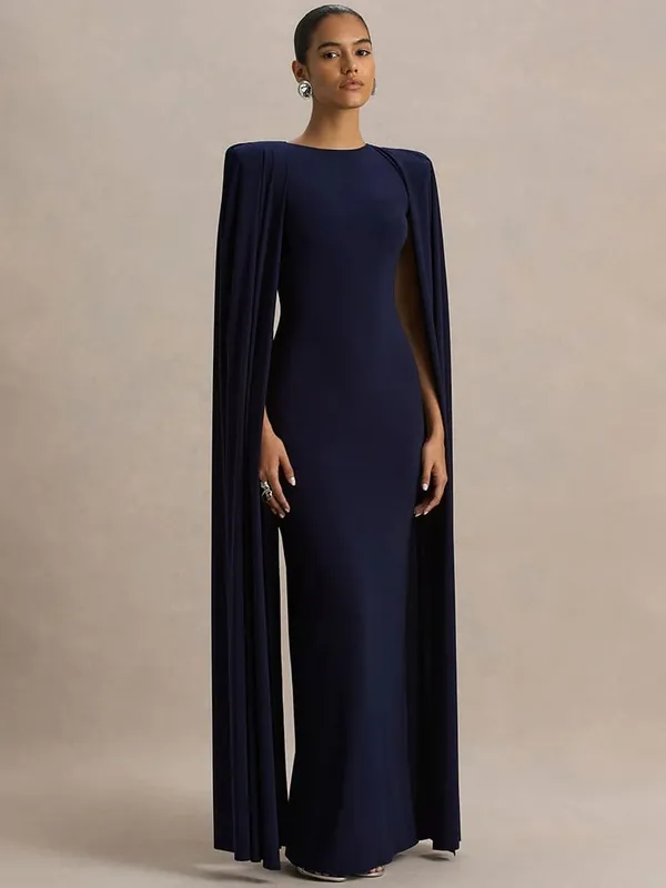Mozision Cape Sleeve Sexy Maxi Dress Women Gown Elegant Fashion Zipper O Neck High Waist Split Club Party Long Dresses Female — image 6