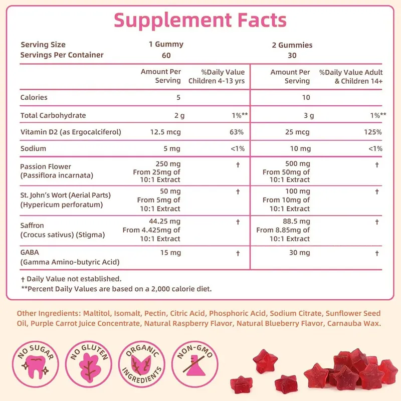 Saffron Gummies for Kids with Passion Flower Saffron Extract & GABA Calm Mood Support Supplement for Focus & Relaxation Mood