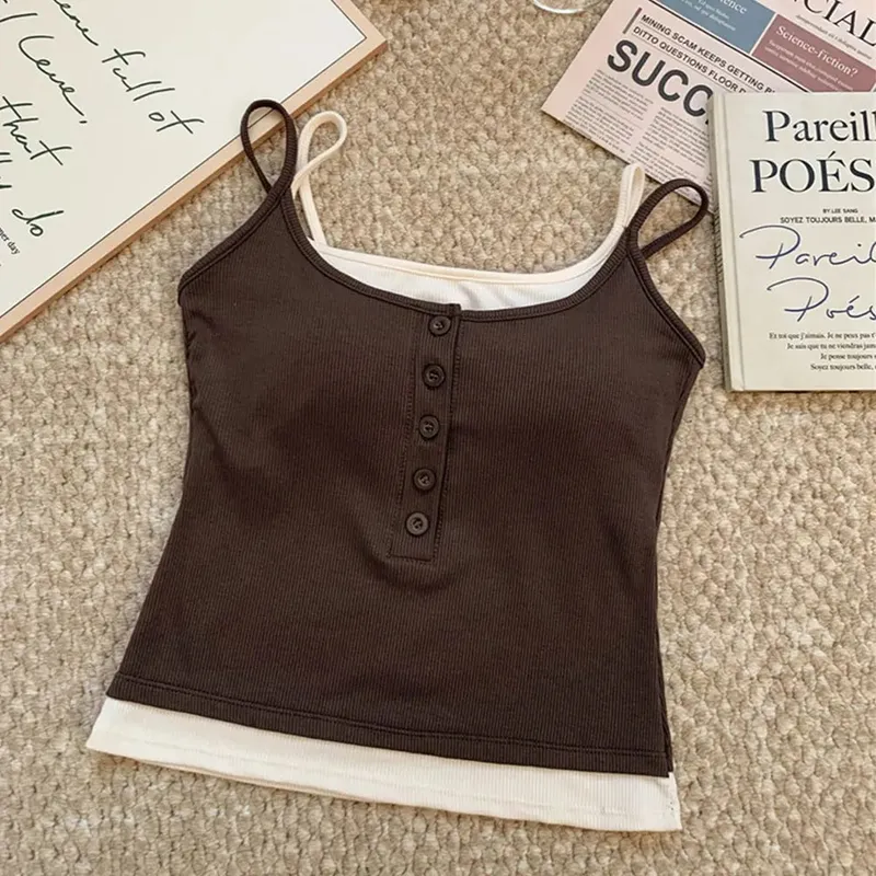 Casual Layered Fake Two-Piece Tank Top Y2K Ribbed Knit Button Cami Slim Fit Sleeveless Vest Top With Chest Pad For Daily Wear — image 10