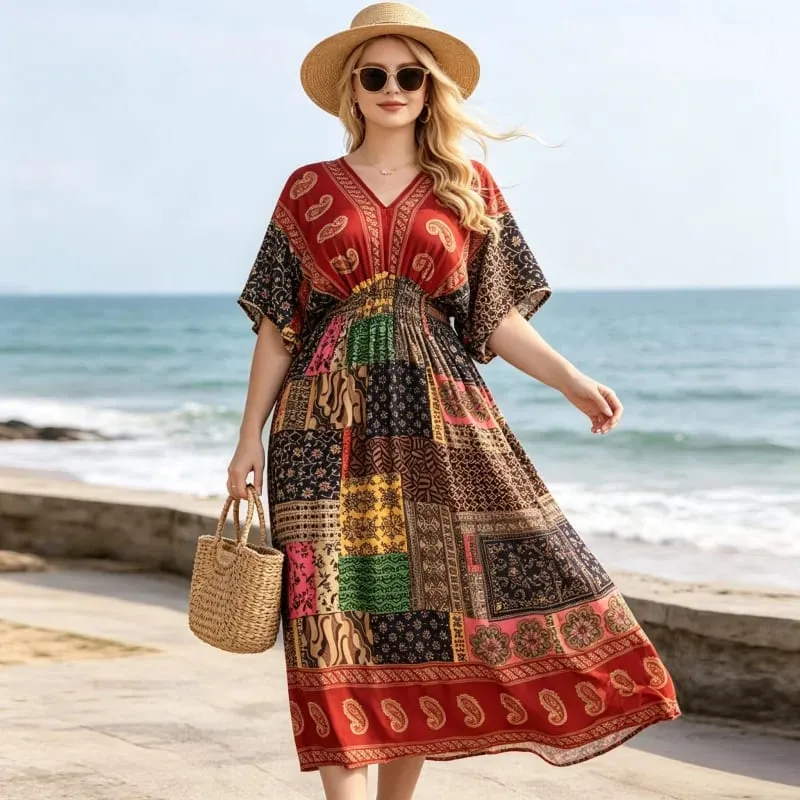Boho Holiday Women V-Neck Batswing Short Sleeve A-Line Midi Dresses Slim Elastic Waist Casual Vintage Office Lady Elegance Dress — image 8