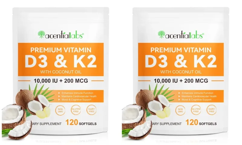 Acentiallabs Premium Vitamin D3 K2 Softgels Ergänzungen Kokosnussöl Vitamin D3 AK2 Weichkapseln zur Immununterstützung für Erwachsene