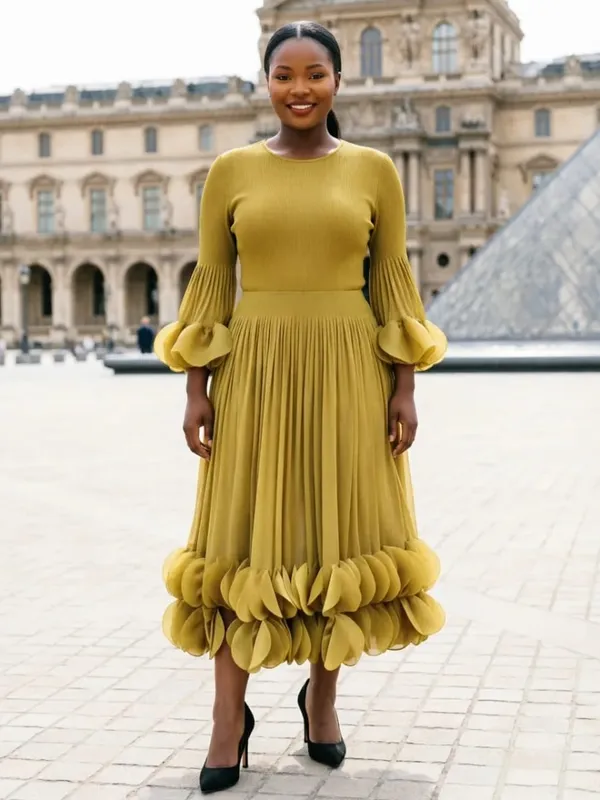 Niche Women's Pleated Dress Fashion Solid Color Elegant Round Embellishments Patchwork Design Famale Clothing 2DB8043 — image 9