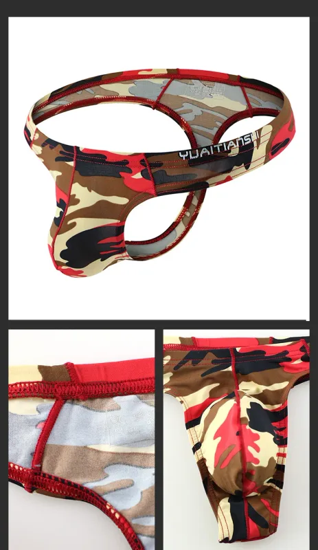Men's Camo Print thong Gay Underwear Breathable 3D-Pouch Men G-String Bikini Elastic Waistband T-pants Seamless Male T-back