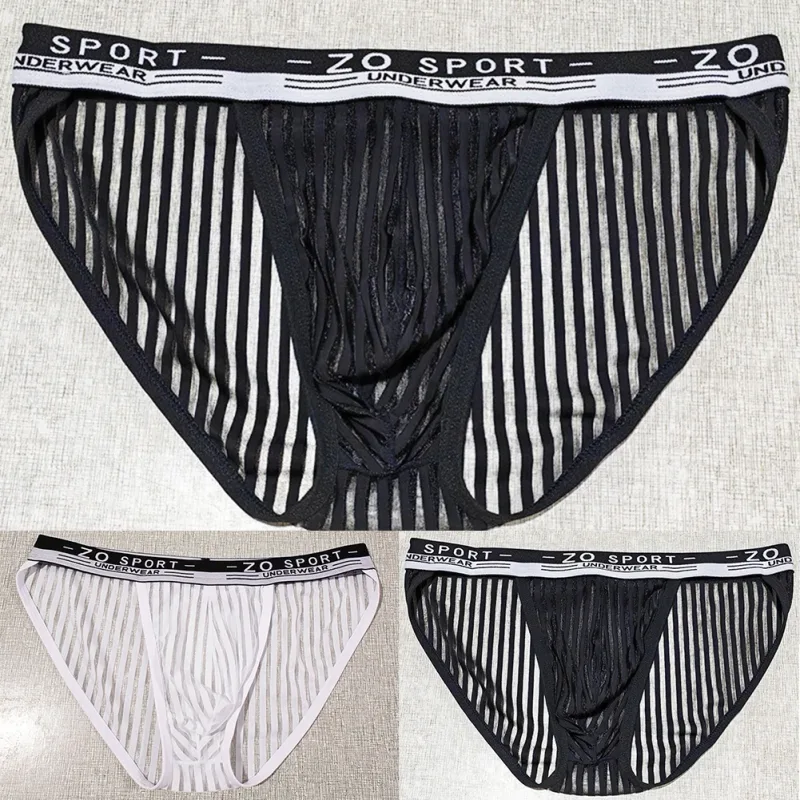 Striped Men's High Slit Sexy Pouch Underwear Ice Silk See Through Comfortable Male Triangle Briefs Man Underclothes