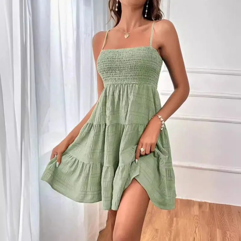 Women's Fashion Spaghetti Strap Smocked Bustier Mini Dress Blue Ruffled Tiered Swing Dress Summer Casual Vacation Beach Wear — image 10