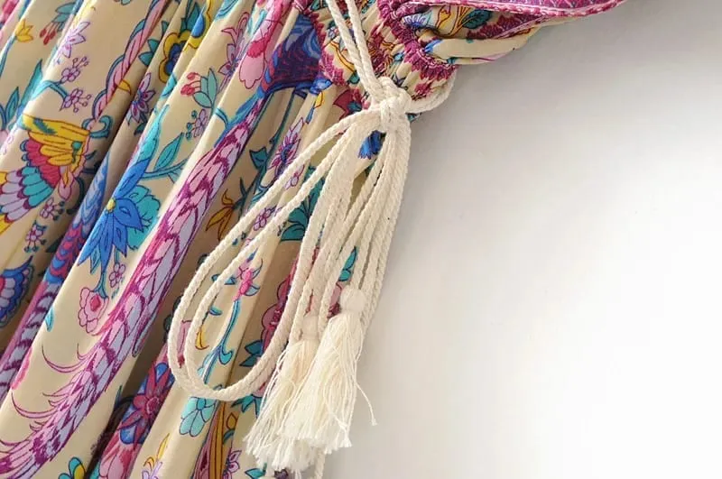 Boho Queens femmes paon imprimé fleuri manches chauve-souris plage bohème Maxi robes dames col en V gland robe d'été robes — image 4