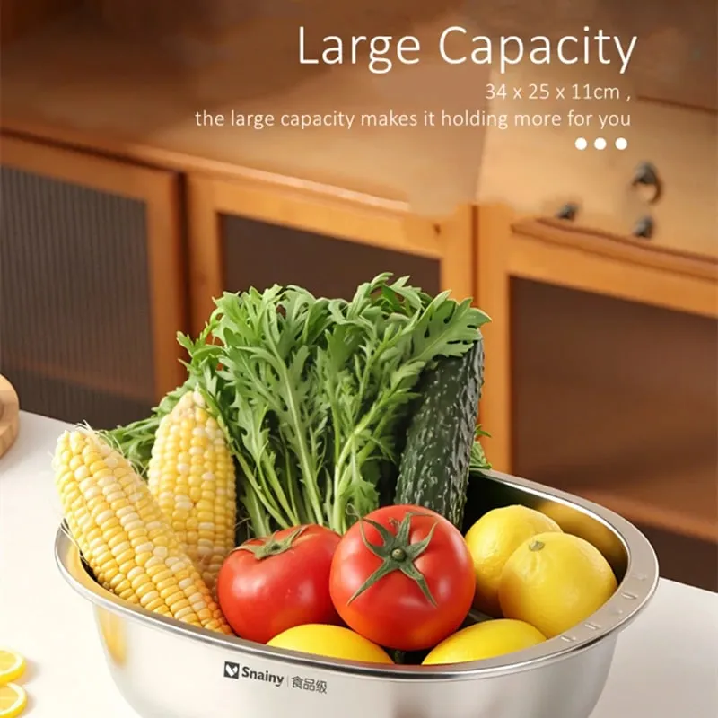 Ultrasonic Polishing Stainless Steel 2 in 1 Bowl and Colander Set Kitchen Fruit and Vegetable Efficient Washing Draing Gadgets — image 5