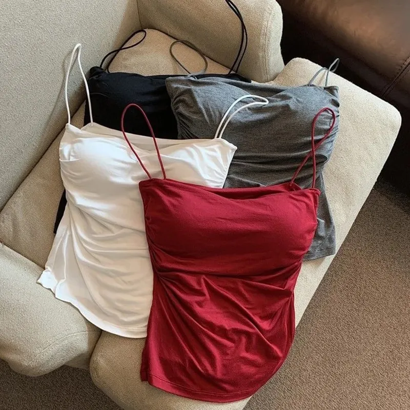 Summer Korean Women Spaghetti Strap Crop Top With Bra Bodycon Sleeveless Cami Tube Top Basic Camisoles Y2K Sexy Tank Tops — image 3