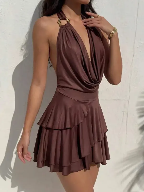 Elegant Women's Spring Summer Vacation Style Solid Color Hanging Neck Strap Backless Deep V-Neck Sexy Fashion Dress