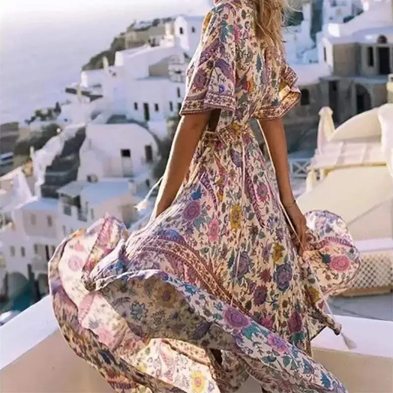Boho Queens femmes paon imprimé fleuri manches chauve-souris plage bohème Maxi robes dames col en V gland robe d'été robes — image 5
