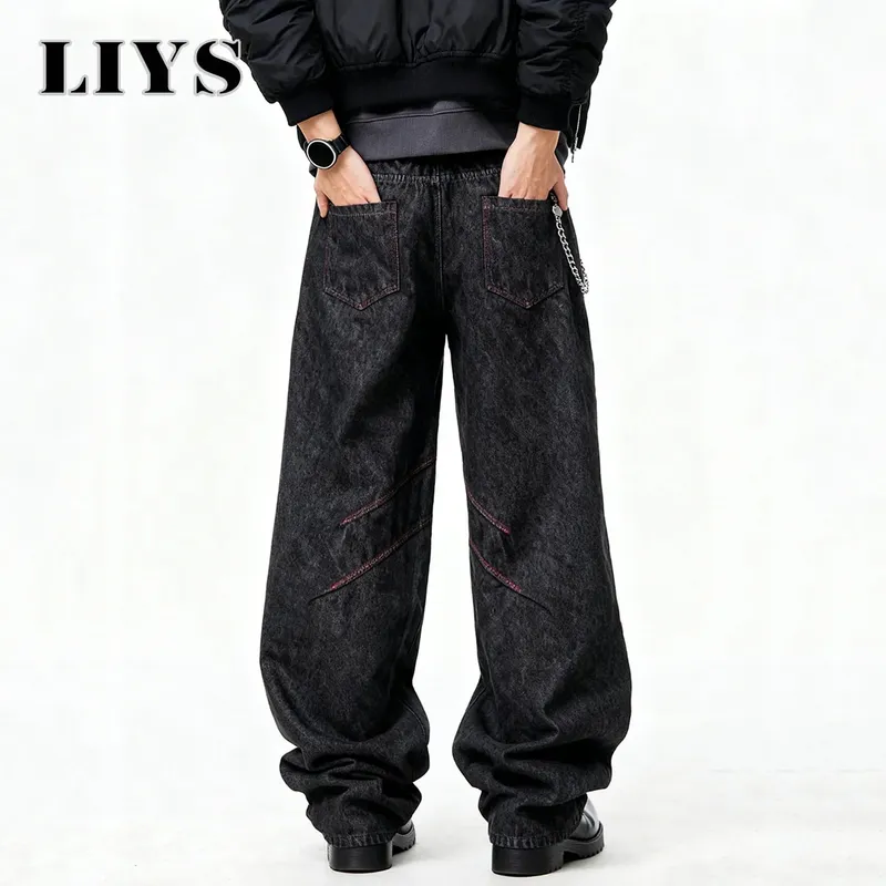 Pantalones vaqueros de pierna ancha holgados negros Retro americanos para las cuatro estaciones pantalones vaqueros holgados informales de negocios básicos pantalones vaqueros de calle Unisex