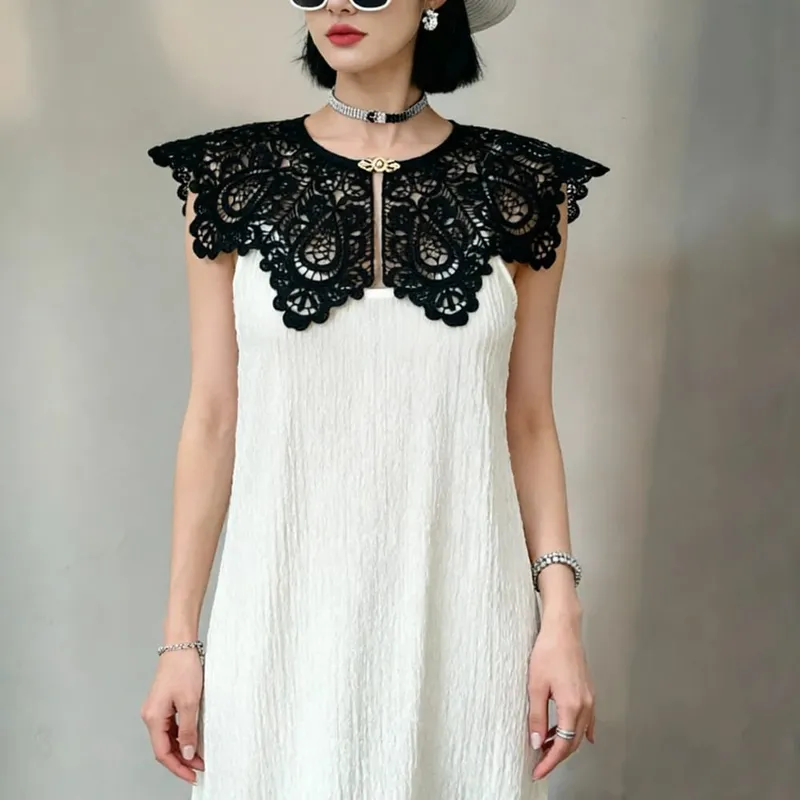Pleated Sleeveless Elastic Long Dresses Women Vintage Palace Style Womens Black White Doll Fake Collar Soft Midi Dress Clothing — image 17