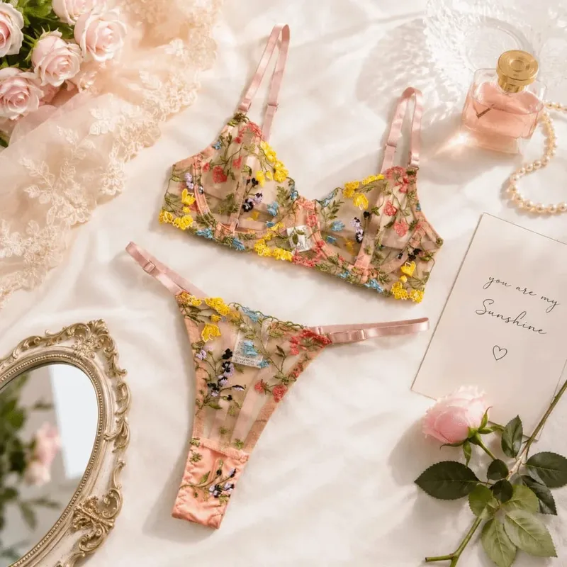 Bohemia Transparent Lingerie Set Push Up Elegant Panties Bra Set Ultra-thin Embroidery Floral Underwear Valentine's Day — image 4