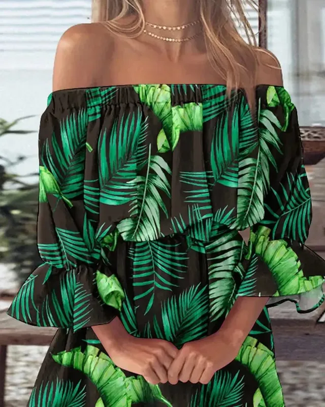 Women Off-Shoulder Ruffled Sleeve Printed Dress with Casual Boho Style for Beach or Vacation Occasions