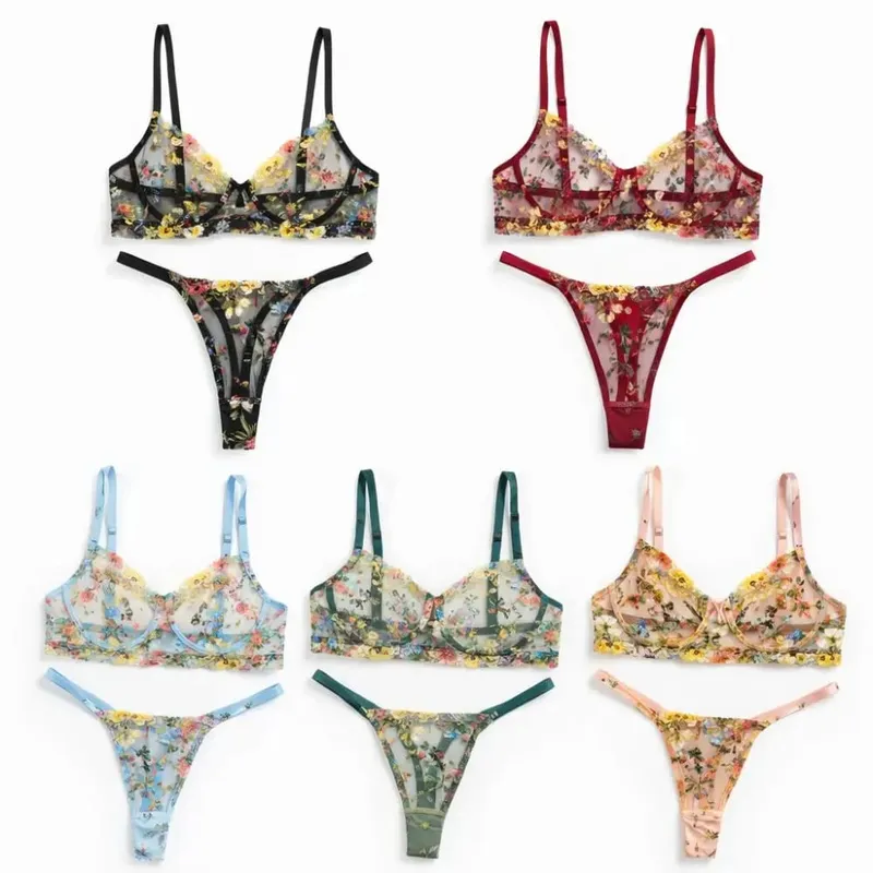 Set Pakaian Dalam Bunga Bohemia 2 Keping Sulaman Seluar Dalam Serbaguna Intimate Underwire Push-up Set Seluar Dalam Bra Tipis Untuk Gadis Wanita