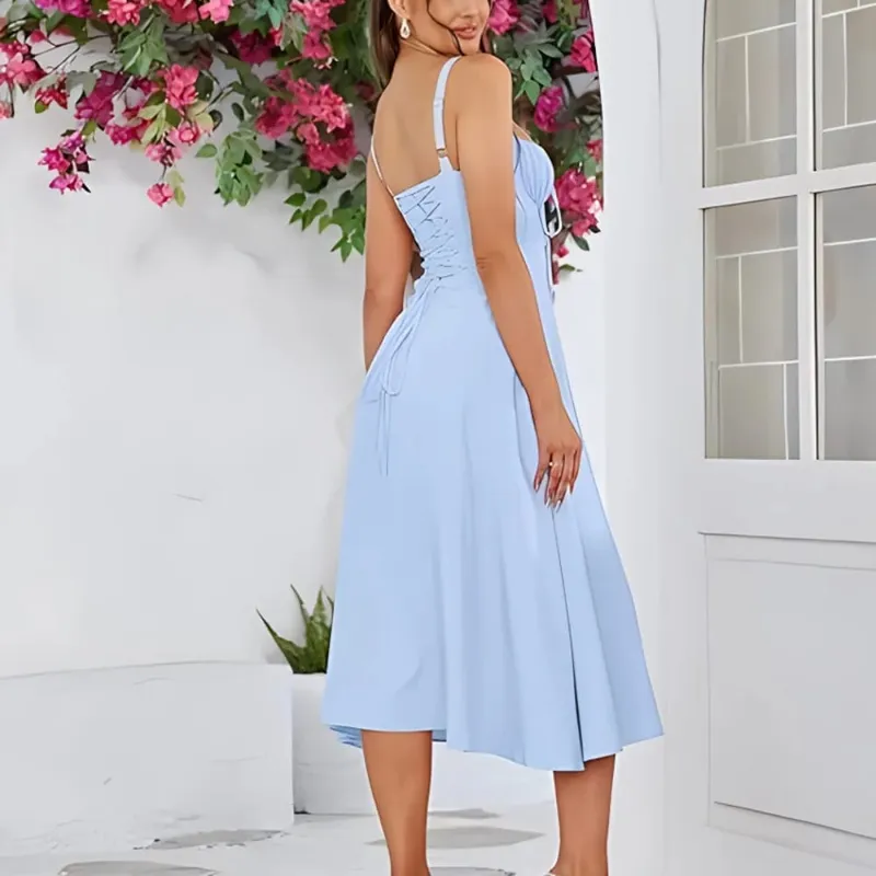 New Summer Fashion Women's Dresses Solid Square Neck Cami Ruched Corset Waist Midi A-Line skirts Elegant Summer Party Dress Y2K
