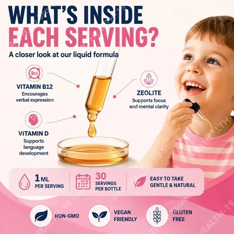 Googeer Little Speakers Flüssiges Nahrungsergänzungsmittel mit Vitamin B12, D3 und Zeolith für den verbalen Ausdruck, die Sprache und den Fokus, unterstützt Kinder, 30 ml