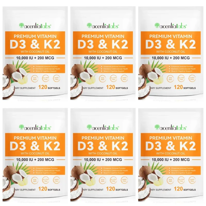 Acentiallabs Premium Vitamin D3 K2 Softgels Ergänzungen Kokosnussöl Vitamin D3 AK2 Weichkapseln zur Immununterstützung für Erwachsene
