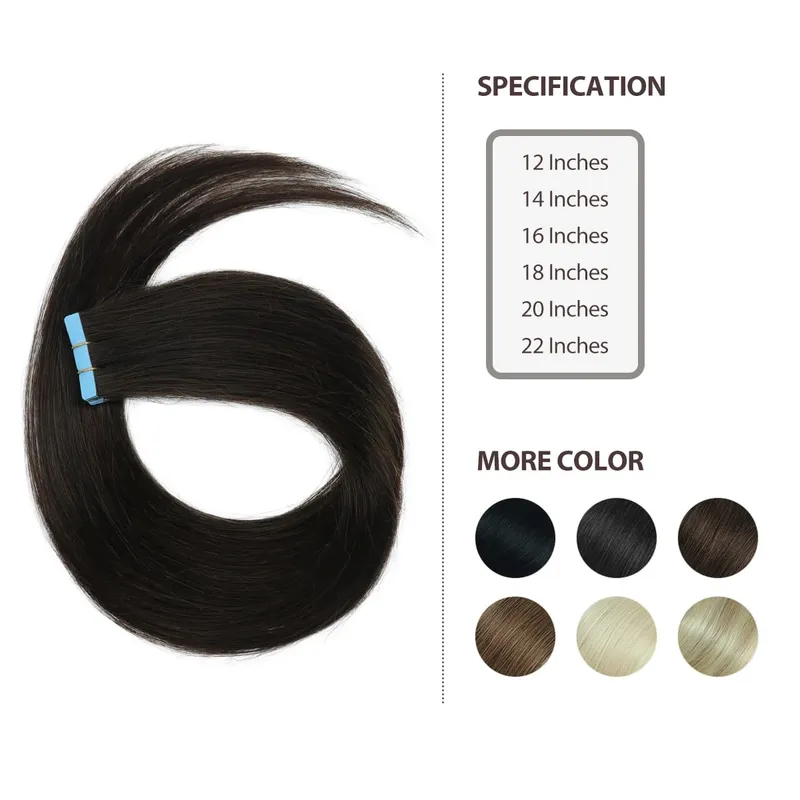 Injected Tape in Extensions Human Hair Invisible Tape in Hair Extensions 1B Natural Seamless PU Weft Tape On Hair 10pcs/pack