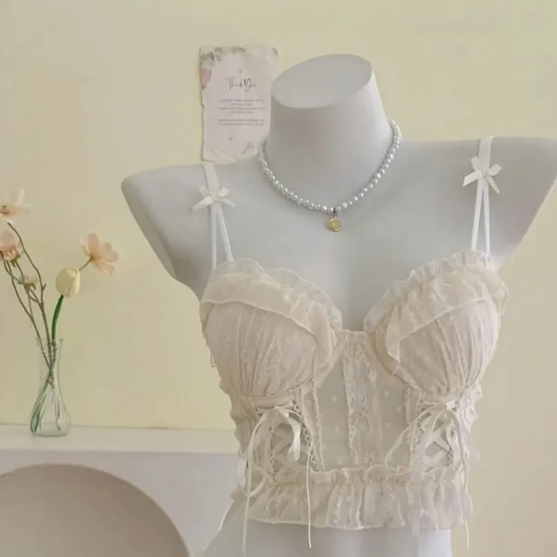 Women Lace Lingerie Set Ruffle Edge Mesh Cross Strappy Push Up Bra For Small Chest Sweet Soft Daily Comfy Underwear Two Piece