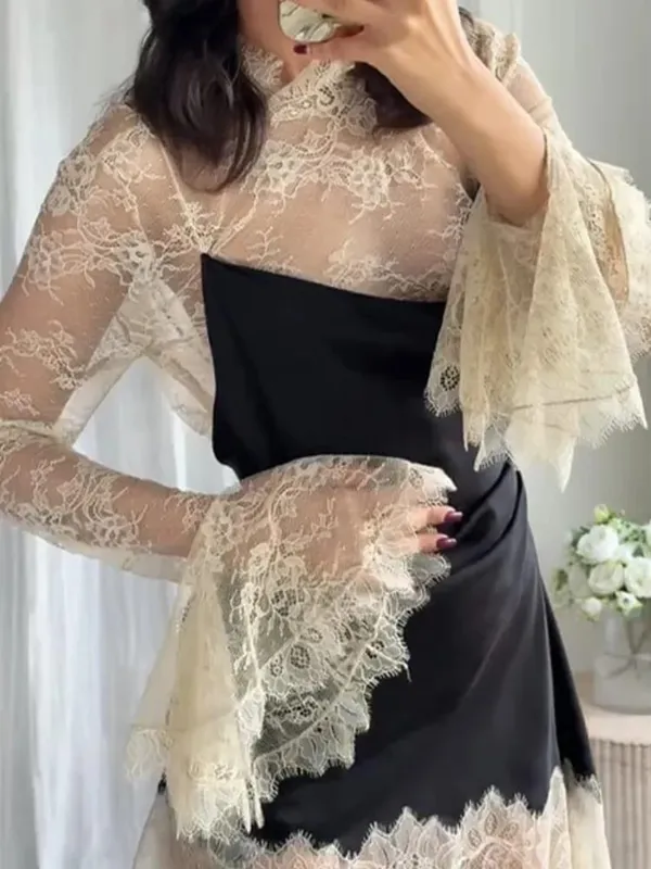 Elegant Satin Floral Lace Patchwork Mini Dress For Women Irregular Hem Long Sleeve Dresses Lady 2026 Chic Evening Party Vestidos — image 6