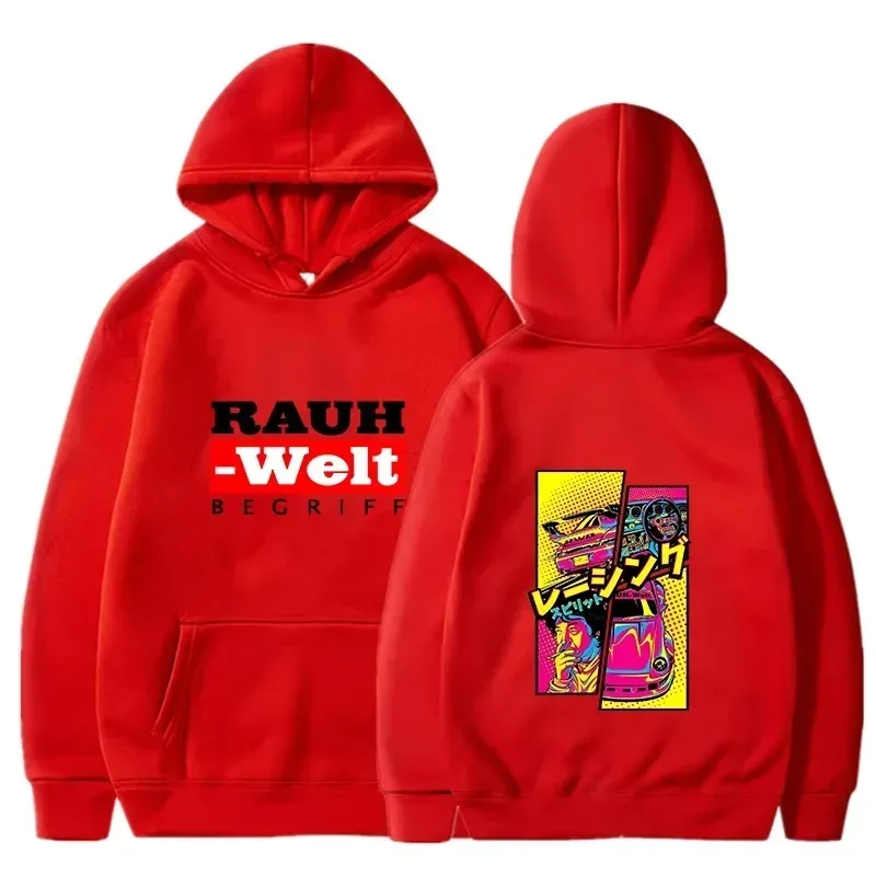 Rauh Welt Hoodie Car Widebody Tuning JDM Racing Pop Art Komik Estetik Hitam Bersaiz Besar Baju Kasual Lengan Panjang