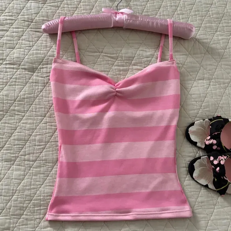 Color Block Stripe Twist Front Spaghetti Strap Cami Top Slim Fit Y2K Sweet Summer Sleeveless Tank Top — image 3
