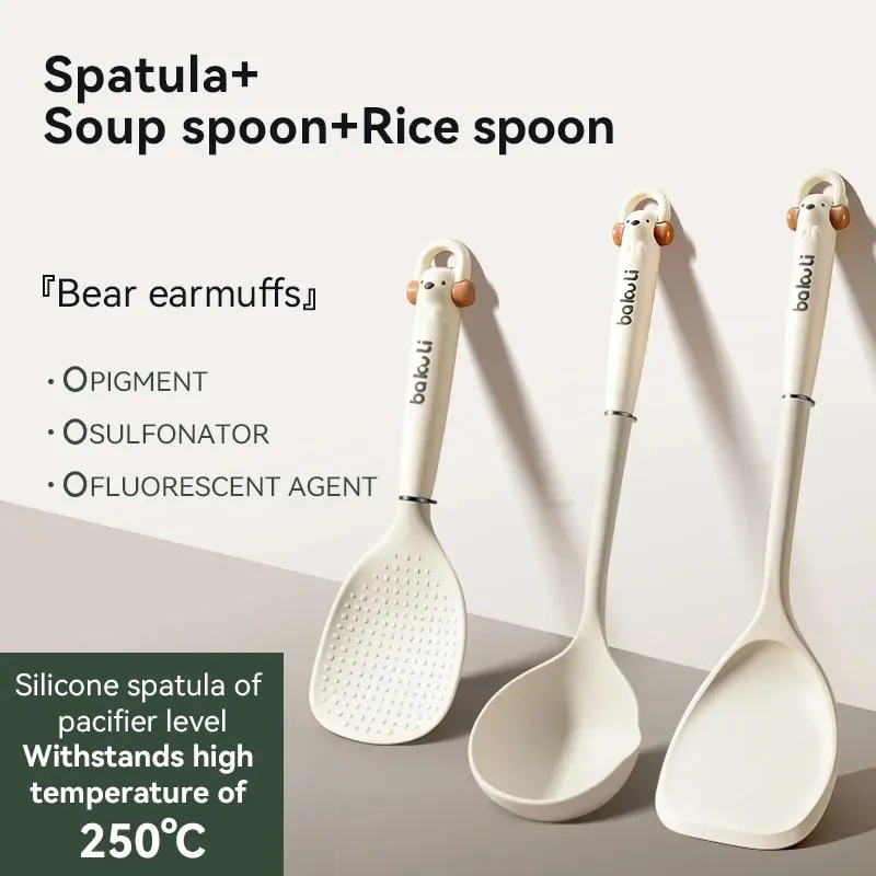 New Improved Kitchen Cooking Utensil 3-Piece Set - Silicone Spatula Rice & Soup Spoon Heat Resistant Non-Stick Cooking Tools