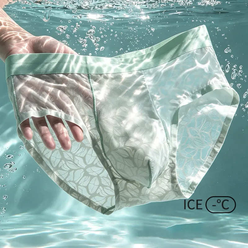 Homens de seda gelo ultra-fino breve roupa interior sem costura renda jacquard respirável pantie 3d bulge bolsa lingerie de malha transparente — image 5