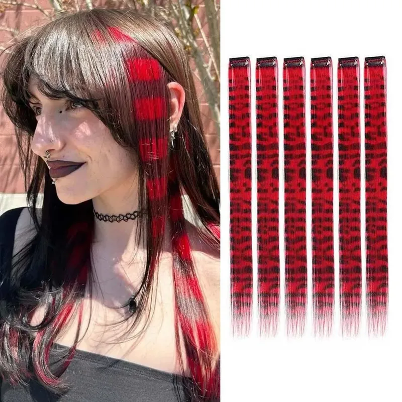 6pcs/set Stripe Printed Hair Colorful Long Straight Hair Piece Synthetic Clip-in Hair Extensions Daily Party Halloween Christmas