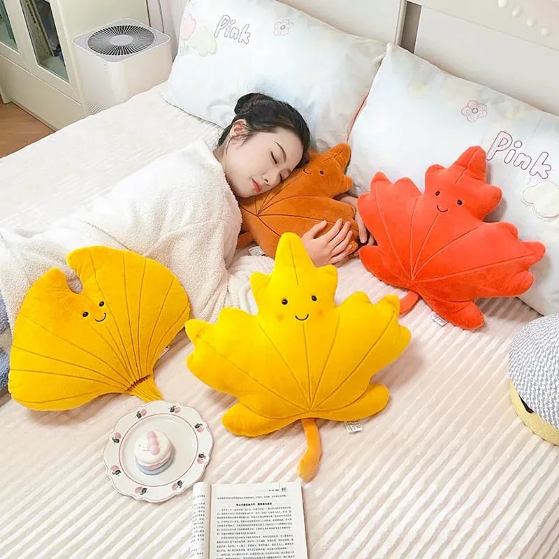 Smiling Face Maple Ginkgo Leaf Plush Pillow Stuffed Kawaii Plant Cushion Sofa Chair Decoration Gift — image 7