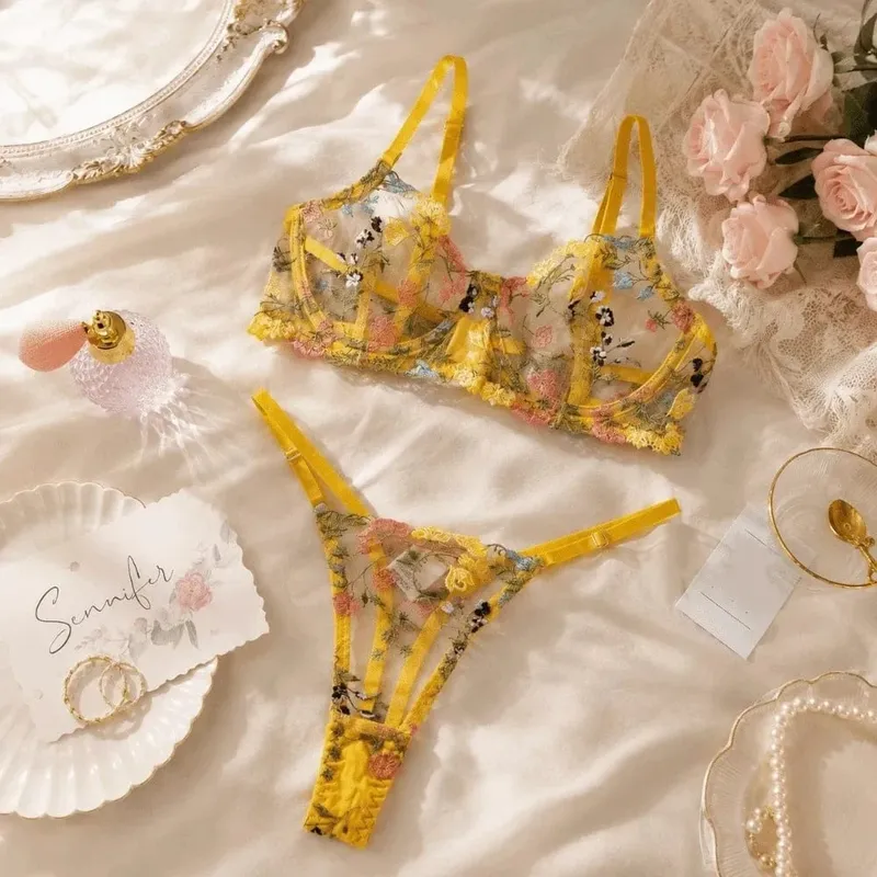 Bohemia Transparent Lingerie Set Push Up Ultra-thin Panties Bra Set Elegant Embroidery Floral Underwear Women