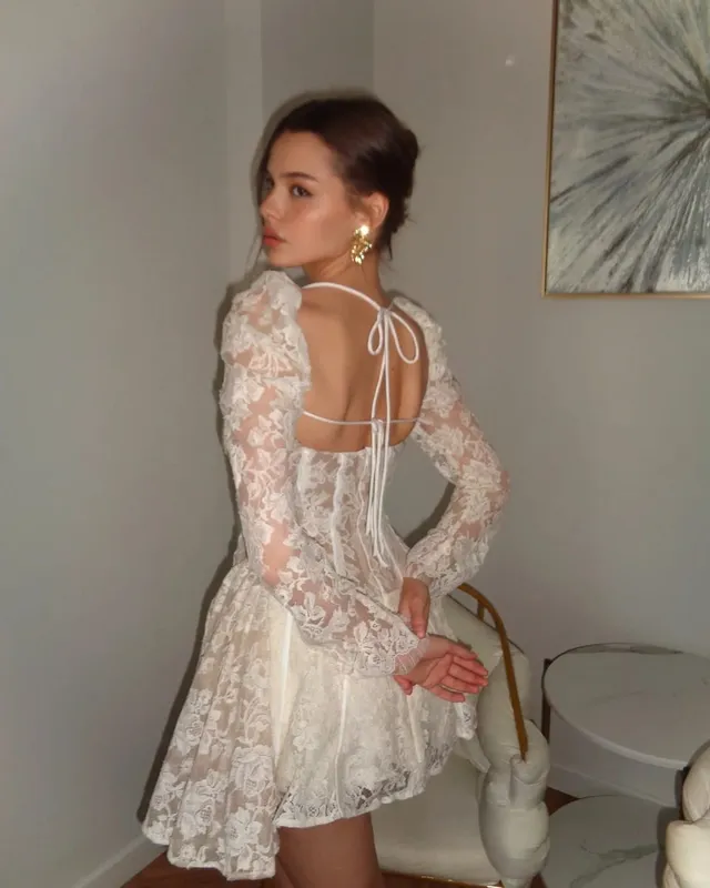 White Lace Lace-up Fishbone Mini Dress Women Chic Backless Full Sleeve See Through A-line Dresses 2026 Lady Evening Party Robe — image 5