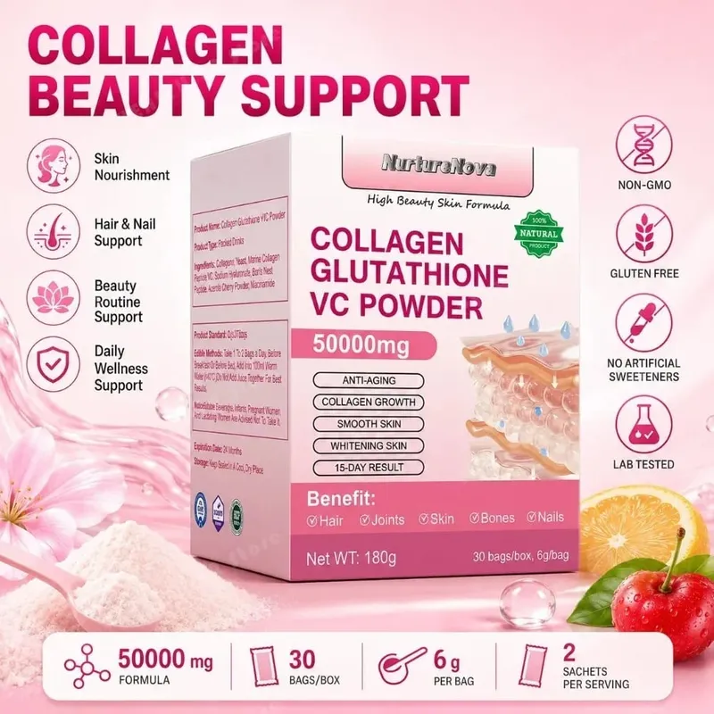 Collagen Peptides Glutathione Vitamin C Powder 30 Sachets Marine Collagen Drink Mix for Beauty Wellness Support Adults 180g