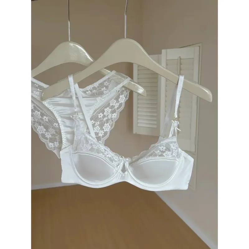 Red Lace Satin Bra Set Half Cup Thin Push‑Up Less Show Big Chest Sexy French Lingerie Women Underwear 32‑38