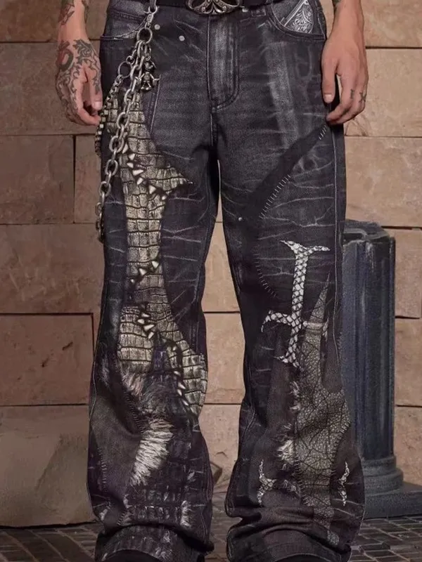 Men's Gothic Crocodile Snake Print Wide Leg Jeans Vintage Washed Denim Pants Streetwear Fashion Loose Straight Fit Trousers — image 2