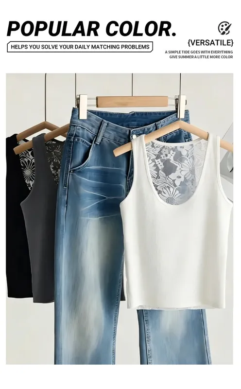 Women's Solid Color Lace Korean Vest Summer Trendy Singlet Cotton Sleeveless Camisole U-Neck Comfortable Female Tank Tops — image 8