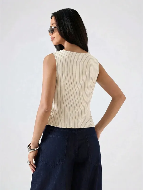 Women's Elegant Stripe Printing Slim Fit Side Tie-Strap Pleating Sleeveless Top Casual Asymmetry Hem Boat Tank Top Summer 2026