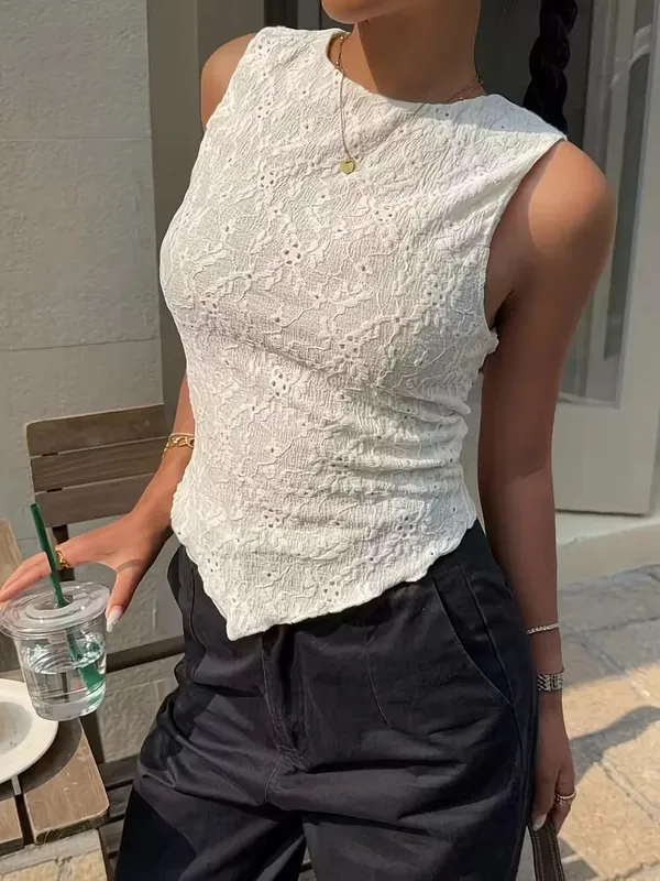 Women's Y2K Double-Layer Lace Slim Shoulder Strap Vest - Asymmetrical Hem Round Neck Lightweight Summer Shirt