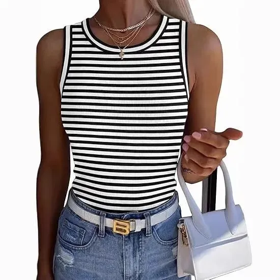 Women Striped Ribbed Tank Top 2026 Summer Casual Sleeveless Round Neck Slim Fit Vest Female Daily Streetwear Basic Undershirt — image 3
