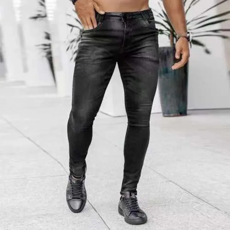 Men High Waist Skinny Jeans Stretch Pencil Pants Solid Color Ins Trendy Street Slim Fit Denim Trousers Male Casual Pants — image 5