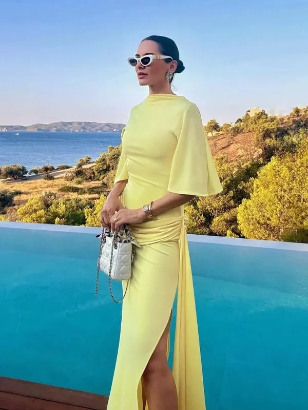 Women's Solid Yellow Backless Maxi Dress Elegant Split Slim Fit Pleated Half Sleeve Long Dresses 2025 High Street Summer Gowns