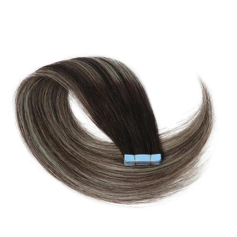 20 Inch Seamless Tape in Hair Extensions Human Hair Soft Invisible Black to Light Gray Color in Human Hair Extensions 30g/20pcs