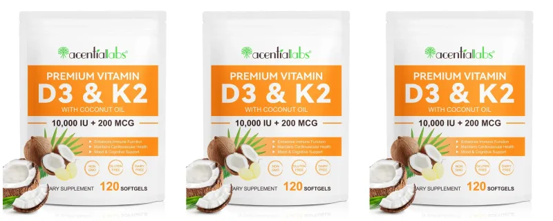 Acentiallabs Premium Vitamin D3 K2 Softgels Ergänzungen Kokosnussöl Vitamin D3 AK2 Weichkapseln zur Immununterstützung für Erwachsene