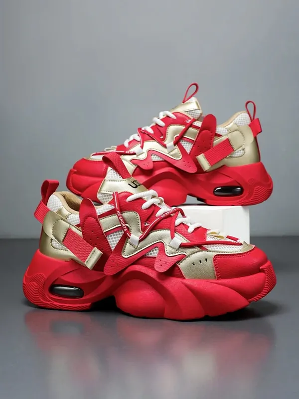 Men's Casual Sneakers with Large Mesh Breathable Upper Metallic Texture and Contrasting Color Stitching and Trendy Webbing Accents. Thick Air-Cushioned Soles Provide Both Height Increase and Shock Absorption Making Them Suitable for Street