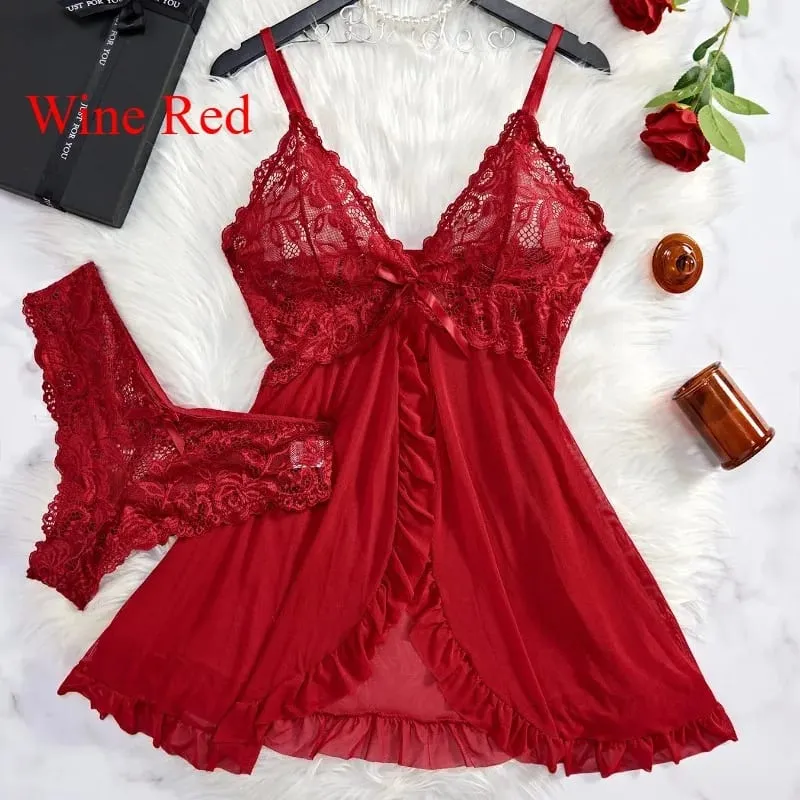 Women's Sexy Lace V-Neck Babydoll Lingerie Set 2 Piece Soft Nightdress with Panty Sleepwear for Honeymoon S-XL — image 9