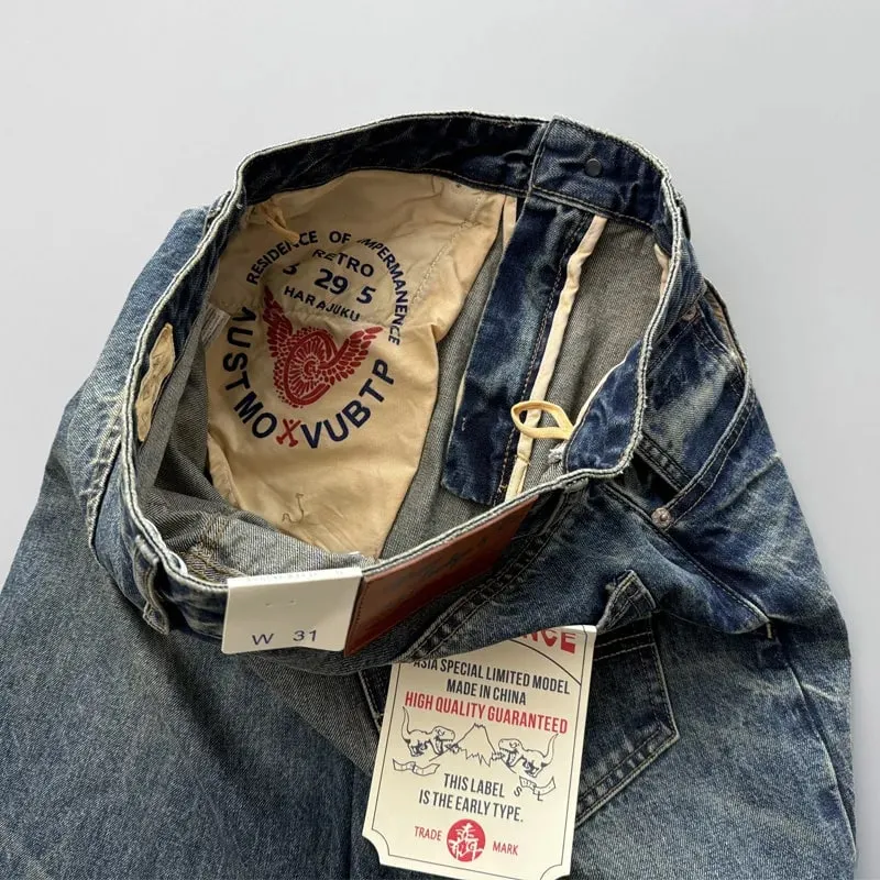 2026 Spring New Arrival Light Blue Straight-Leg Denim Jeans for Men American Retro Washed Blue Denim with Whisker Effect Pants — image 3