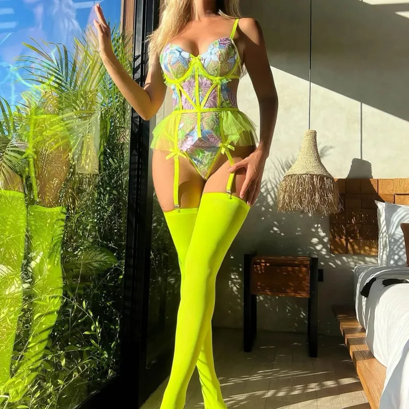 Neon Green Floral Embroidery Bodysuit Lingerie Set Mesh Sheer Teddy with Garter Belt and Thigh High Stockings Clubwear Lenceria — image 2